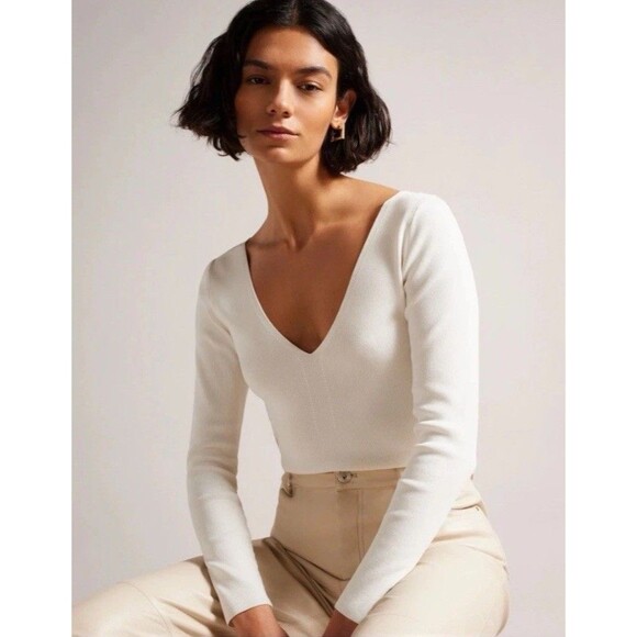 Ted Baker Cileste Fitted V Neck Knit Top Ling Sleeve Sz 8 Ivory - Picture 2 of 8